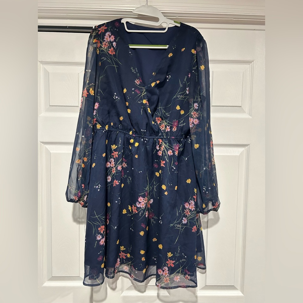 Cupshe Navy Floral Wrap-Style Long Sleeve Dress